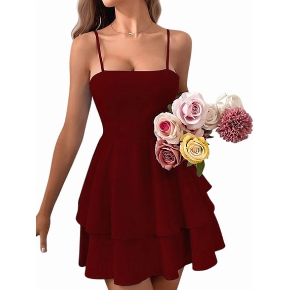 Women'S Backless Bow-Knot Tie Spaghetti Strap Mini Dress Club Party Dresses Wine Red #26 XS