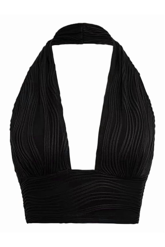 Women'S Backless Crop Halter Pullover Summer Deep V Neck Sleeveless Vest Black M