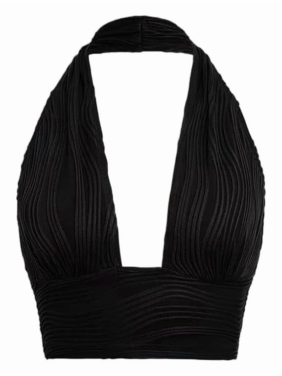 Women'S Backless Crop Halter Pullover Summer Deep V Neck Sleeveless Vest Black M