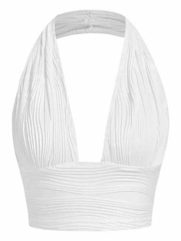 Women'S Backless Crop Halter Pullover Summer Deep V Neck Sleeveless Vest Ivory White L