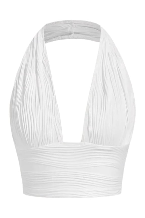 Women'S Backless Crop Halter Pullover Summer Deep V Neck Sleeveless Vest Ivory White L