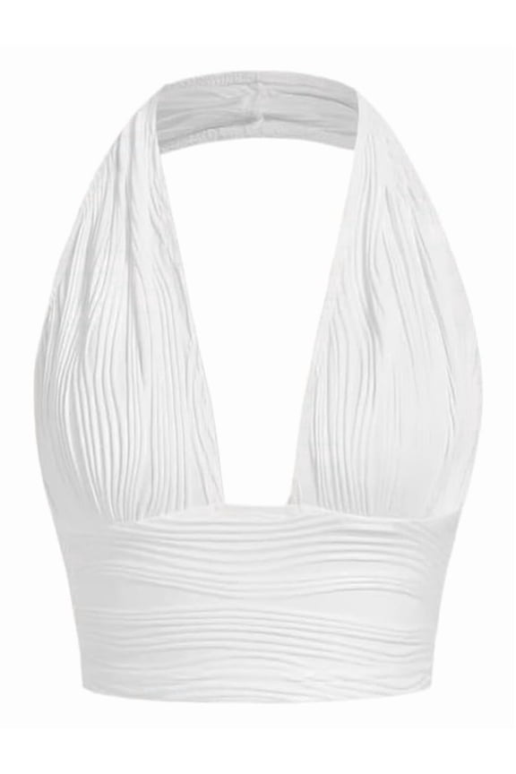 Women'S Backless Crop Halter Pullover Summer Deep V Neck Sleeveless Vest Ivory White M