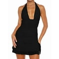 thumbnail image 1 of Women'S Backless Deep V Neck Ruched Bodycon Dress Summer Side Slit Mesh Hem Club Party Short Mini Dress Black L, 1 of 7