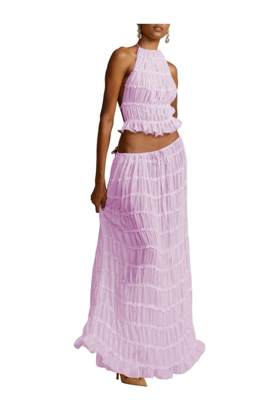 Women'S Backless Halter Neck Dress with Drawstring Chiffon Ruched Midi Skirt Two Piece Set L