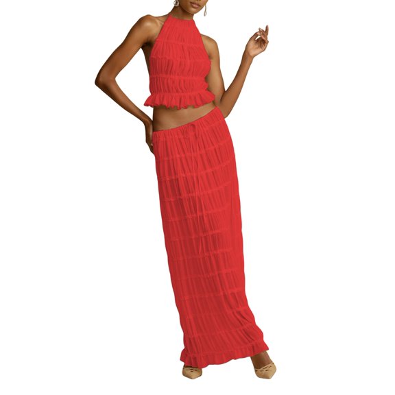 Women'S Backless Halter Neck Dress with Drawstring Chiffon Ruched Midi Skirt Two Piece Set Red XXL