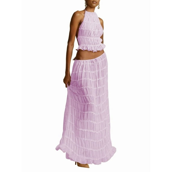 Women'S Backless Halter Neck Dress with Drawstring Chiffon Ruched Midi Skirt Two Piece Set S
