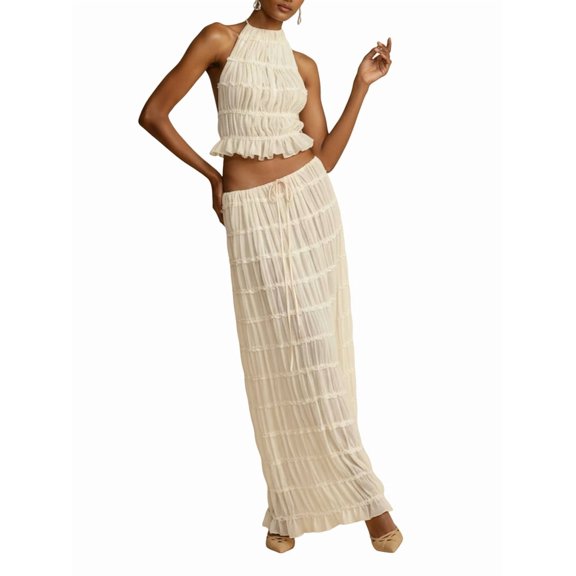 Women'S Backless Halter Neck Dress with Drawstring Chiffon Ruched Midi Skirt Two Piece Set White M