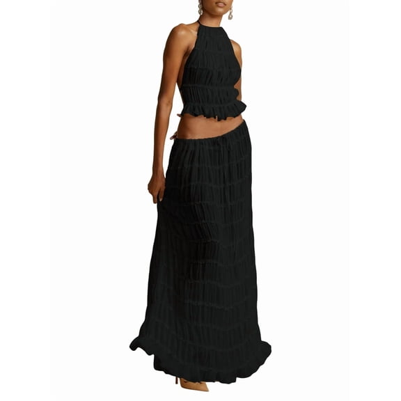 Women'S Backless Halter Neck Dress with Drawstring Chiffon Ruched Midi Skirt Two Piece Set