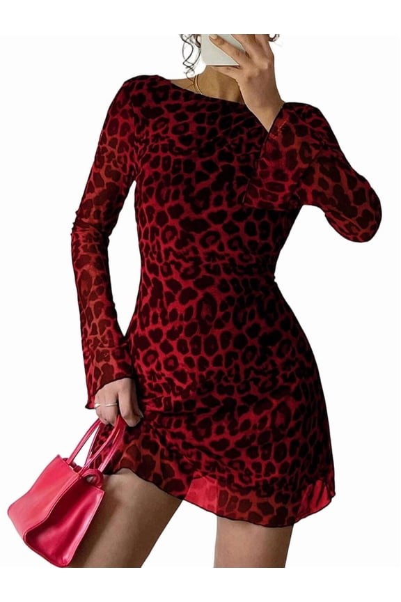 Women'S Backless Leopard Print Long Sleeve Mini Dress Y2K Flare Sleeve Fall Outing Red S