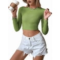 thumbnail image 1 of Women'S Backless Long Sleeve Ribbed Knit Crop Top Slim Fit Crew Neck Twist Back Cut Out Fitted Shirt Green L, 1 of 8