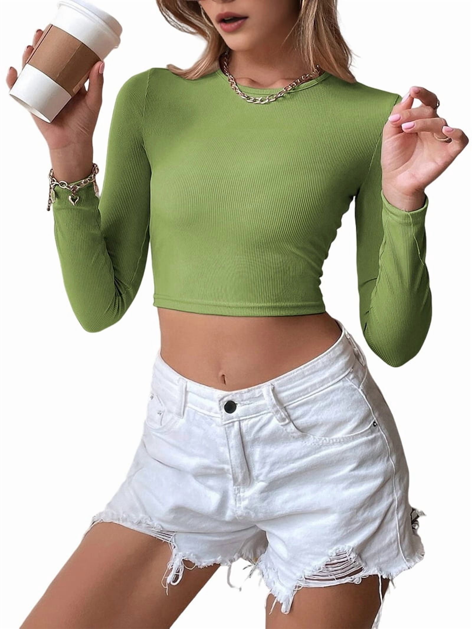 SweatyRocks Women's Ribbed Knit Crop Top - Long Sleeve Crewneck, Raglan Sleeve, Casual Cropped Sweater
