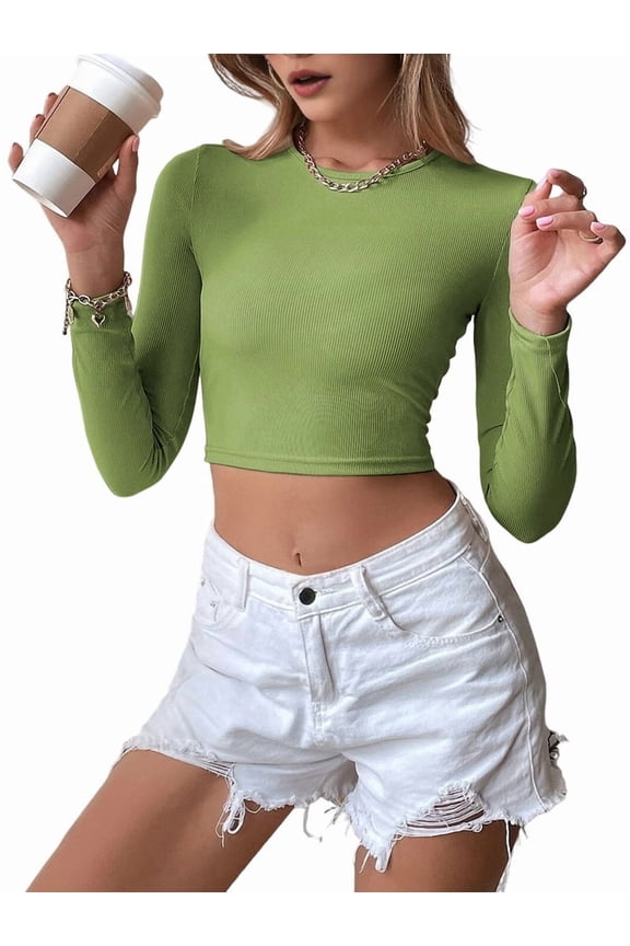 Women'S Backless Long Sleeve Ribbed Knit Crop Top Slim Fit Crew Neck Twist Back Cut Out Fitted Shirt Green XL