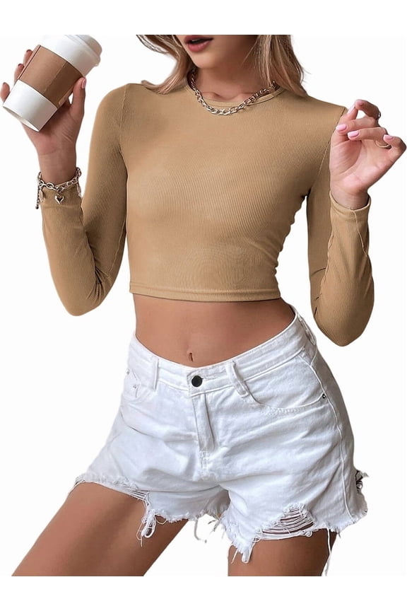 Women'S Backless Long Sleeve Ribbed Knit Crop Top Slim Fit Crew Neck Twist Back Cut Out Fitted Shirt Khaki L