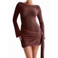thumbnail image 1 of Women'S Backless Pleated Mini Dress Long Sleeve Knit Crochet Sexy- Party Sweater Dresses Reddish Brown S, 1 of 7