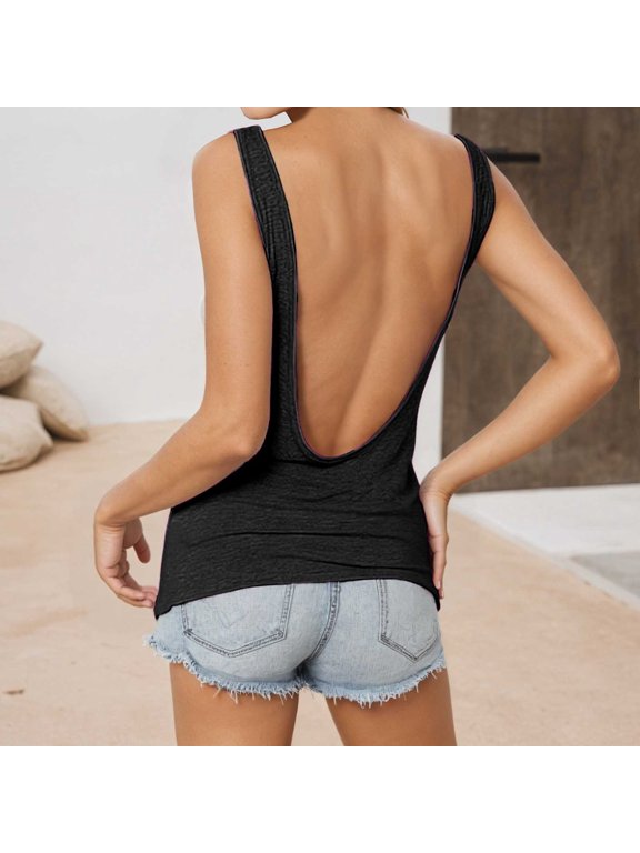 Women'S Backless Tank Top Women'S Solid Back With A Deep V Sexy Backless Slim And Elastic Vest Black M