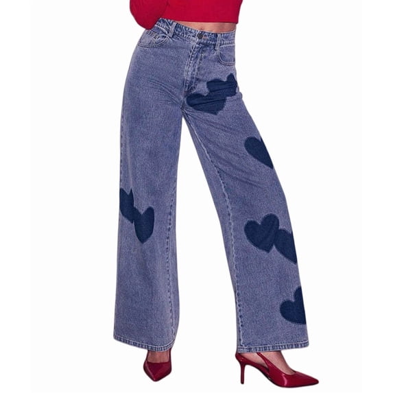 Women'S Baggy Heart Print Wide-Leg Jeans High Waisted Vintage Washed Casual Loose Denim Pants Trousers Blue XXL