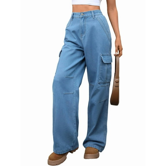 Women'S Baggy Jeans Pull on Stretchy Loose High Waisted Wide Leg Denim Pants Y2K 90s Denim Blue M