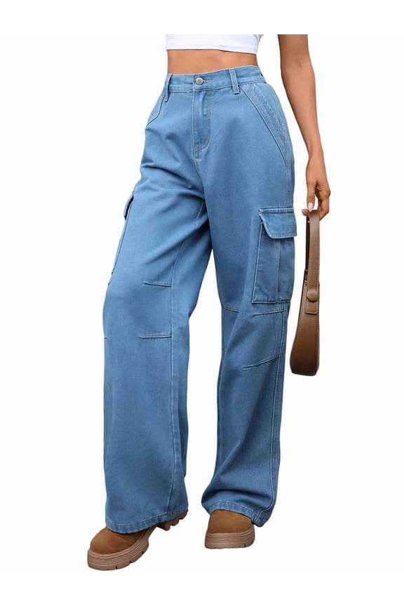 Women'S Baggy Jeans Pull on Stretchy Loose High Waisted Wide Leg Denim Pants Y2K 90s Denim Blue S