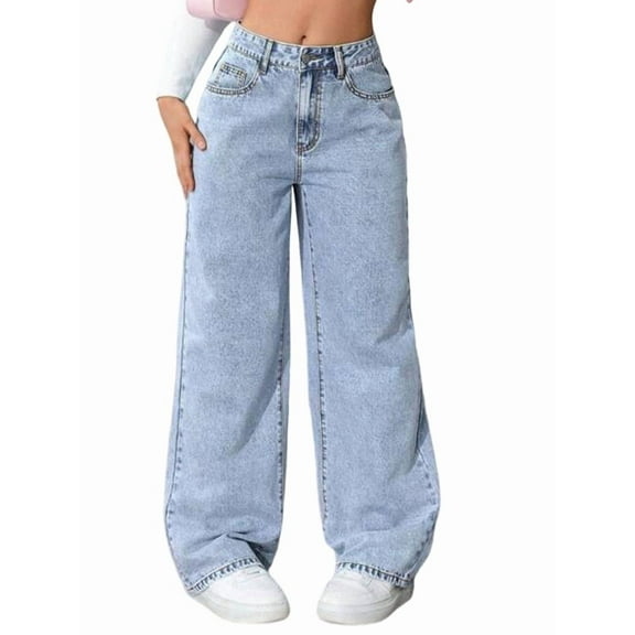 Women'S Baggy Straight Leg Jeans Elastic High Waisted Denim Pants Bottoms with Pockets Blue L