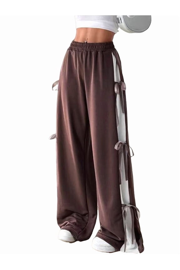 Women'S Baggy Sweatpants Elastic Waist Casual Bo-W Wide Leg Pants with Pocket Y2K Going Out Travel Pants Brown S