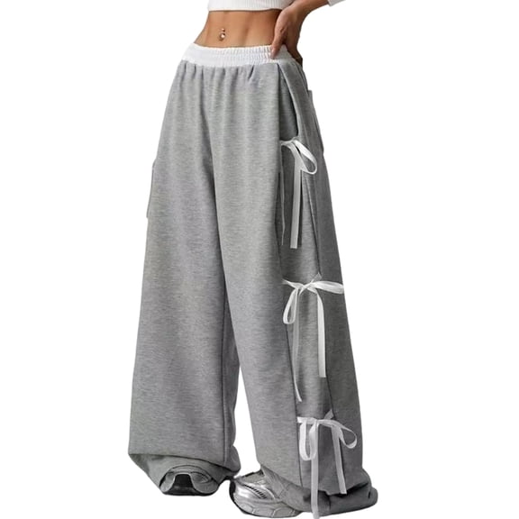 Women'S Baggy Sweatpants Elastic Waist Casual Bo-W Wide Leg Pants with Pocket Y2K Going Out Travel Pants Gray M