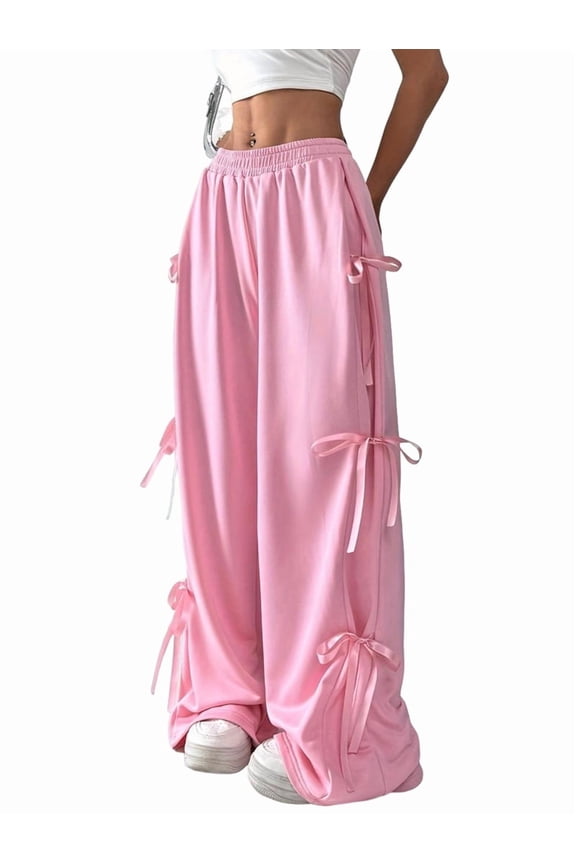 Women'S Baggy Sweatpants Elastic Waist Casual Bo-W Wide Leg Pants with Pocket Y2K Going Out Travel Pants Pink S