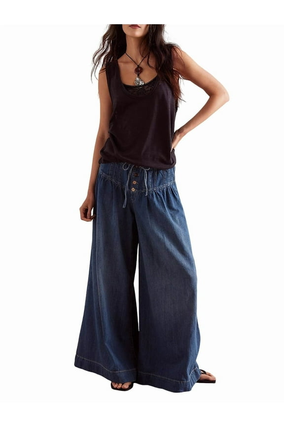 Women'S Baggy Wide Leg Denim Pants Drawstring Midi Waisted Flare Jeans Ruffle Pleated Button Jeans L