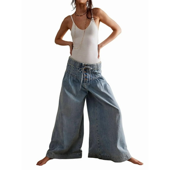 Women'S Baggy Wide Leg Denim Pants Drawstring Midi Waisted Flare Jeans Ruffle Pleated Button Jeans Light Blue XL