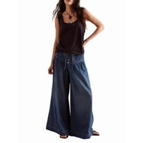 Women'S Baggy Wide Leg Denim Pants Drawstring Midi Waisted Flare Jeans Ruffle Pleated Button Jeans  M