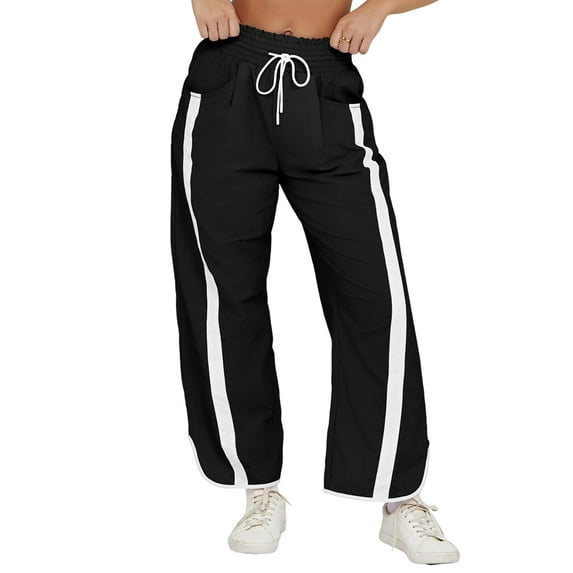 Women'S Baggy Wide Leg Pants Casual Drawstring Elastic Waisted Contrast Color Workout Y2K Track Pants Black M