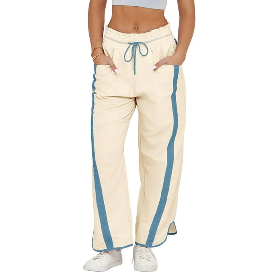 Women'S Baggy Wide Leg Pants Casual Drawstring Elastic Waisted Contrast Color Workout Y2K Track Pants Ivory White L