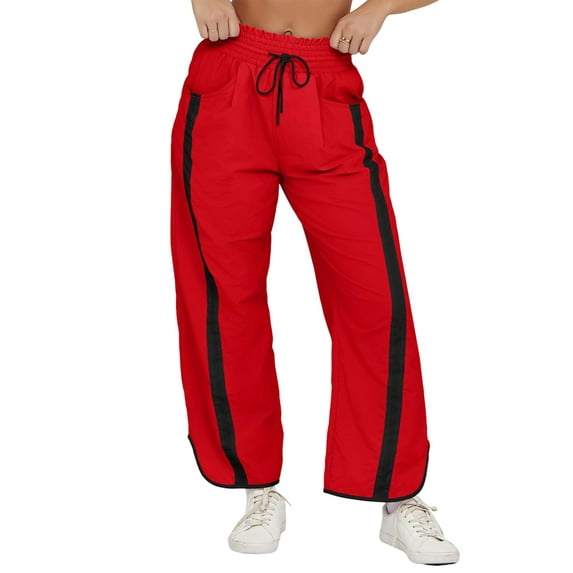 Women'S Baggy Wide Leg Pants Casual Drawstring Elastic Waisted Contrast Color Workout Y2K Track Pants Red L