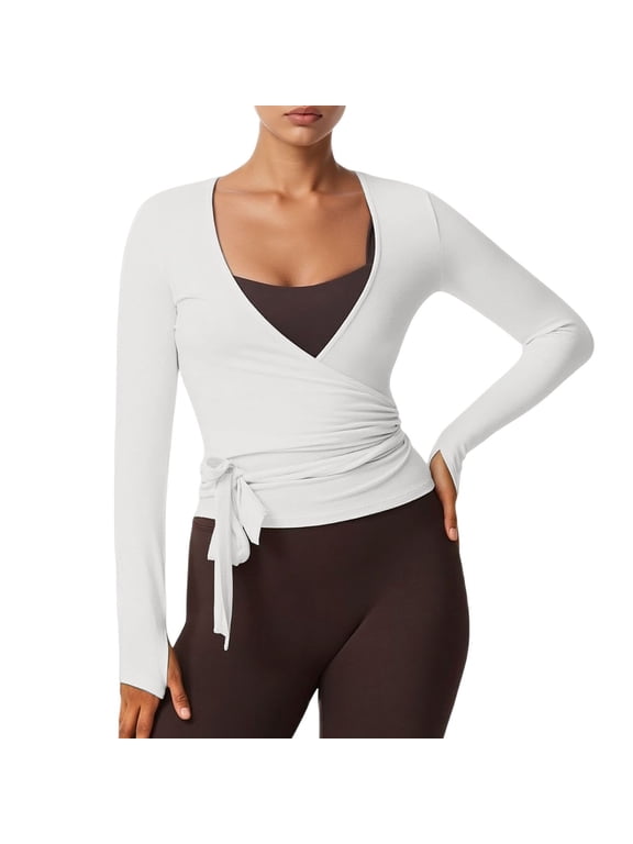 Women'S Ballet Wrap Top Long Sleeve Tie Workout Pilates Yoga Wrap Top White L