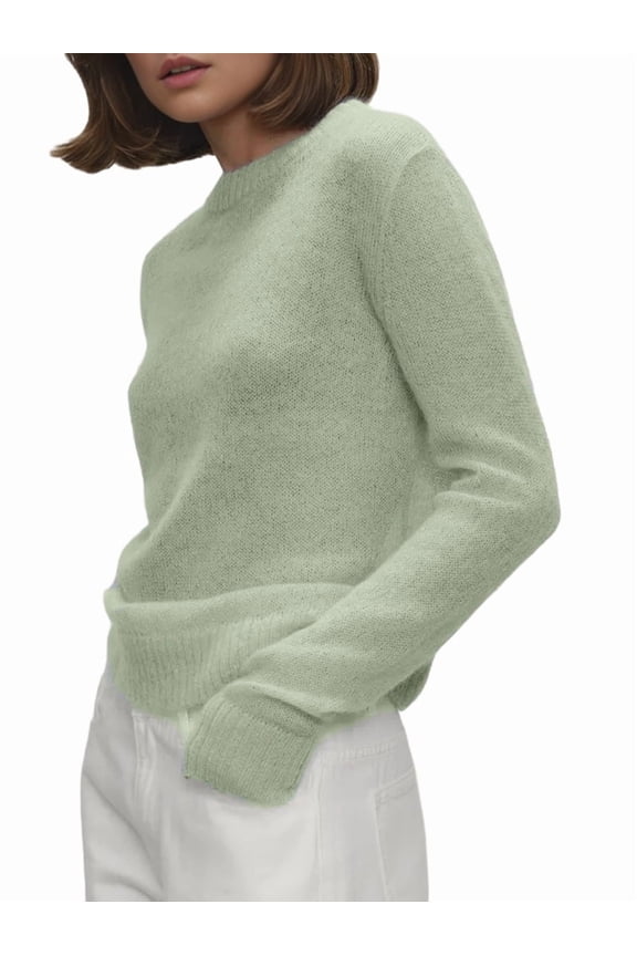 Women'S Basic Crewneck Sweater Long Sleeve Round Neck Pullover Light Green L