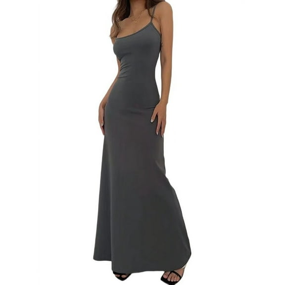 Women'S Basic Lounge Slip Long Dress Elegant Sleeveless Backless Ribbed Bodycon Maxi Dresses Dark Gray XL