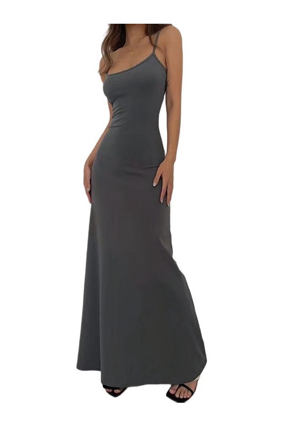 Women'S Basic Lounge Slip Long Dress Elegant Sleeveless Backless Ribbed Bodycon Maxi Dresses Dark Gray XL