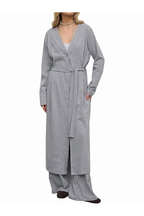 Women'S Basic Solid Color Front Open Extra Long Knit Cardigan Loose Lace-Up Extra Long Cardigan Gray Cardigan M