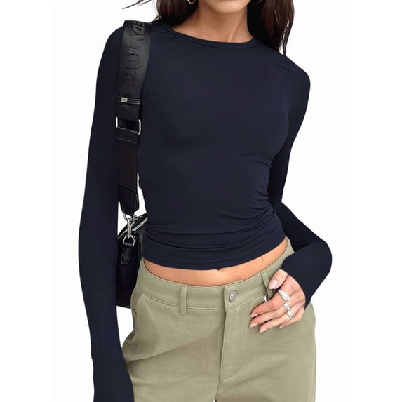 Women'S Basic T-Shirt Crew Neck Long Sleeve Slim Fit Cute Tops Black L