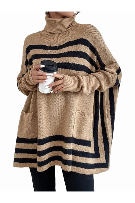 Women'S Bat Sleeve Sweater High Neck Bat Sleeve Striped Sweater Mock Neck Sweater Khaki L