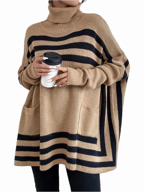 Women'S Bat Sleeve Sweater High Neck Bat Sleeve Striped Sweater Mock Neck Sweater Khaki M