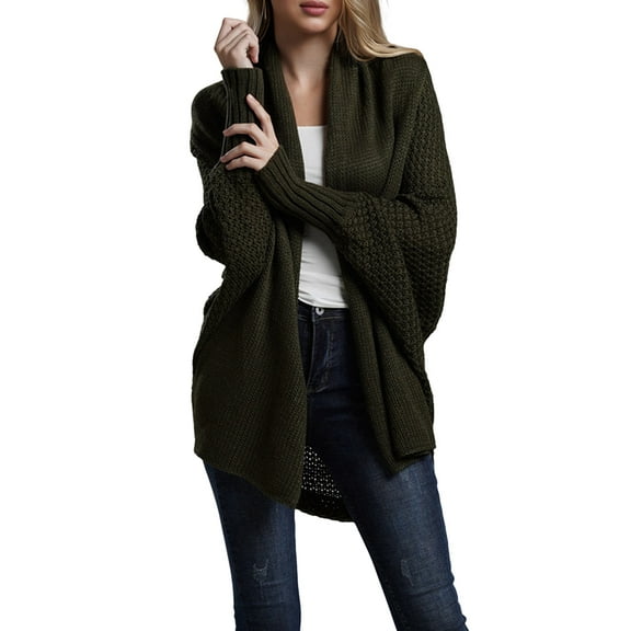 Women'S - Batwing Cable Knitted Slouchy Oversized Wrap Cardigan Sweater Dark Green One Size