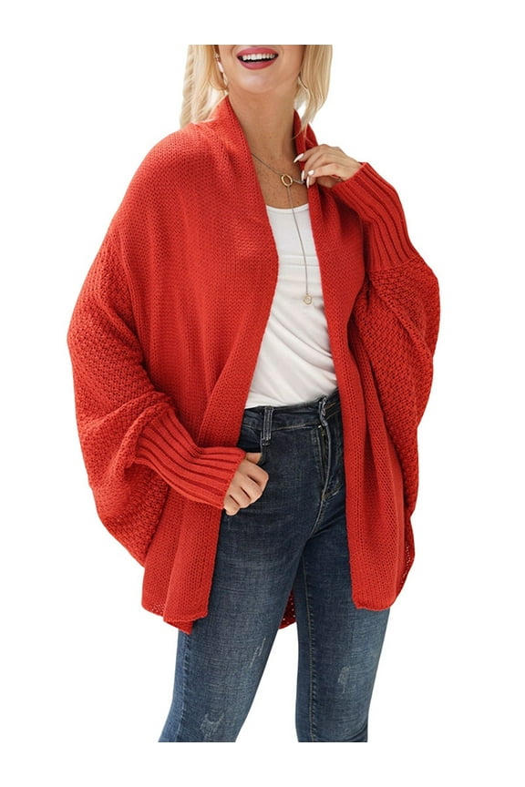 Women'S - Batwing Cable Knitted Slouchy Oversized Wrap Cardigan Sweater Rust Red One size