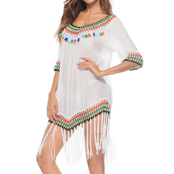 Women'S Beach Cover Up Dress - V-Neck Crochet Cotton Blend, Beach & Summer White One size