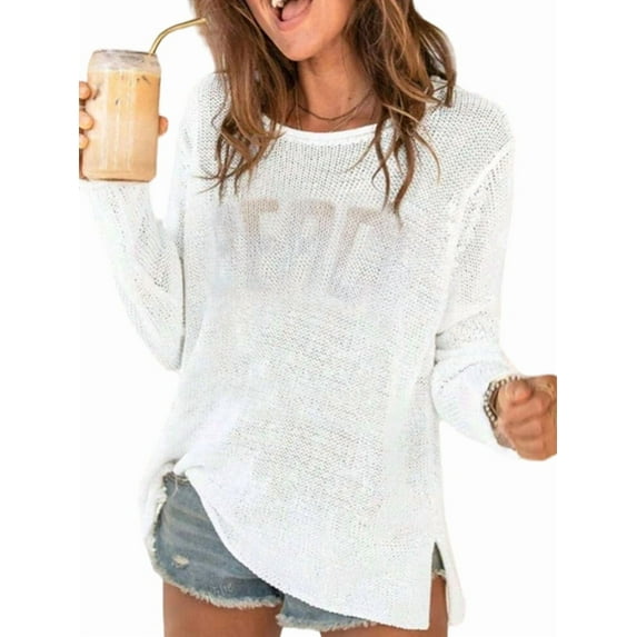 Women'S Beach Cover Up Letter Print Long Sleeve Sweater Crew Neck Split Hem Crochet Jumper Top White M
