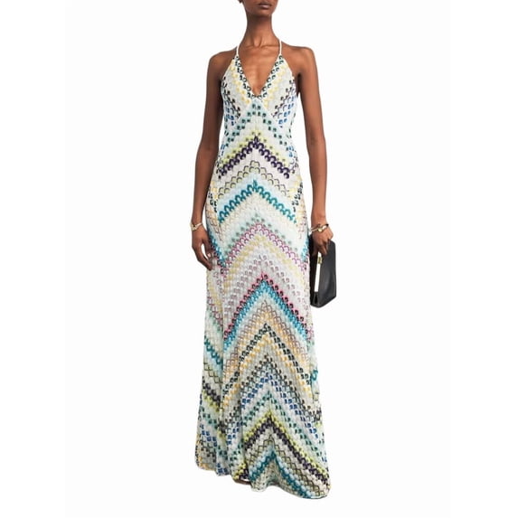 Women'S Beach Dress Deep V Neck Backless Striped Bodycon Halter Knit Maxi Dress Green M