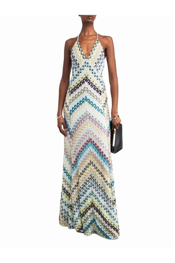 Women'S Beach Dress Deep V Neck Backless Striped Bodycon Halter Knit Maxi Dress Green XL