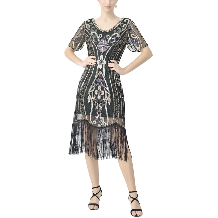 ladies flapper dresses Women`s Charleston Girl Costume + Gloves S The unique and exquisite sequins embroidery Flapper Dresses 1920s: Great Gatsby