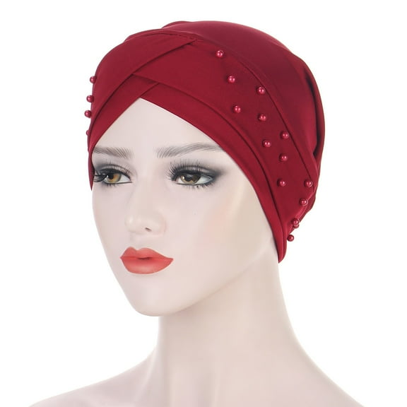 Women'S Beads Elastic Turban Hat Cancer Chemo Cap Hijab Head Wrap - Ladies' Cross Forehead Indian Hat Beaded Scarf Wine Red, Hair Care, Back to School, 4Th of July