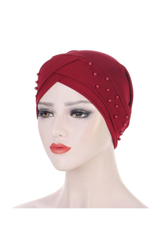 Women'S Beads Elastic Turban Hat Cancer Chemo Cap Hijab Head Wrap - Ladies' Cross Forehead Indian Hat Beaded Scarf Wine Red, Hair Care, Back to School, 4Th of July