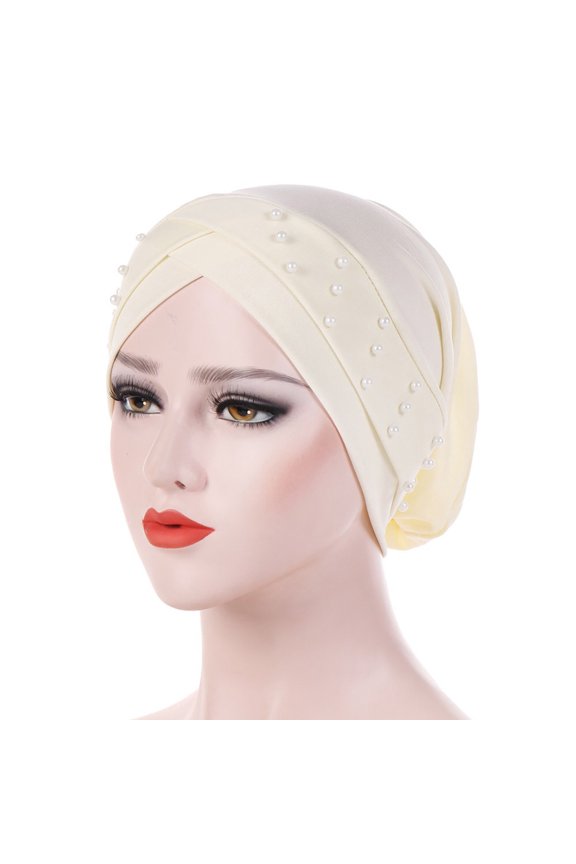 Women'S Beads Elastic Turban Hat Cancer Chemo Cap Hijab Head Wrap - Women'S Forehead Cross Indian Hat Beaded Headscarf Beige, Hair Care, Back to School, Wedding, Christmas,Season, Anniversary, Than